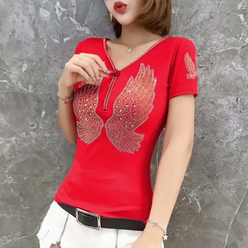 Trendy European Style Heavy Duty Zipper Cotton Short Sleeved T-shirt For Women - Red