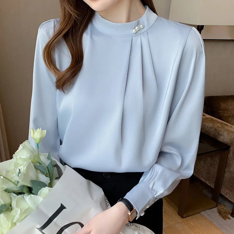 Satin Shirt Women Long Sleeve Beaded Solid Colour Loose - Mercury Grey