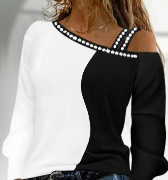Women's Long Sleeve Loose Crew Neck Casual Bronzing T shirt Hbl235Ba1 Bw - Shop at LoveMi