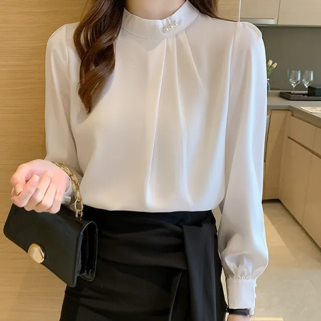 Satin Shirt Women Long Sleeve Beaded Solid Color Loose Jasmine White - Shop at LoveMi