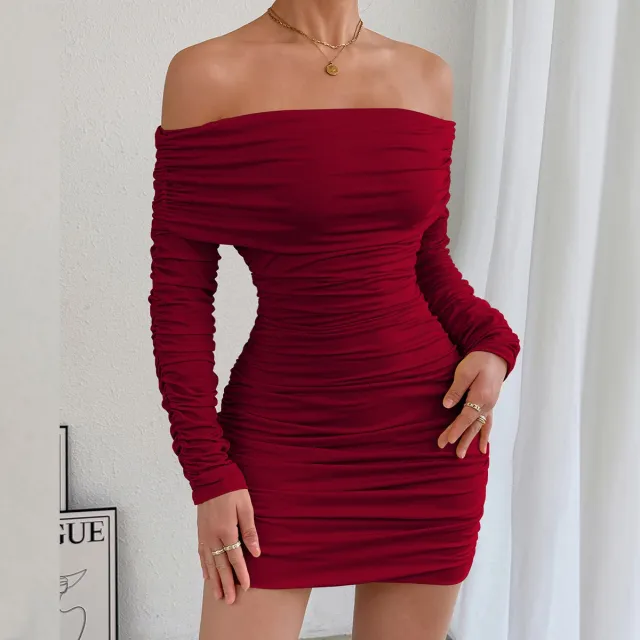 Women's One shoulder Long sleeved Pleated Slim fit Sexy Bodycon Dress Wine Red - Shop at LoveMi