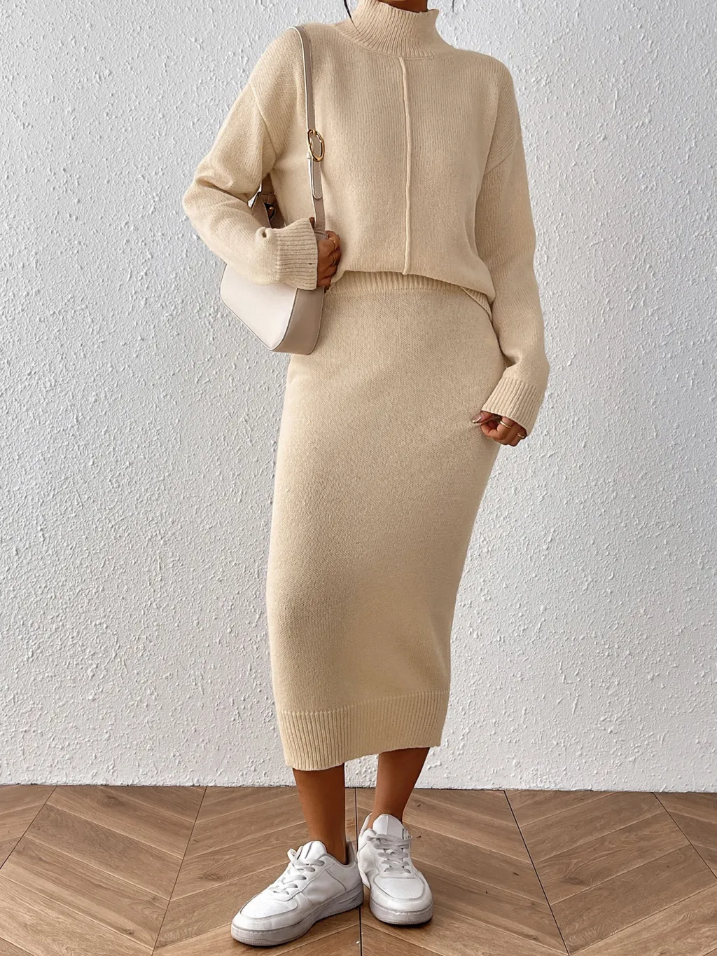 Women's Semi-high Neck Pullover Sweater And Bodycon Skirt Two-piece Set - Apricot