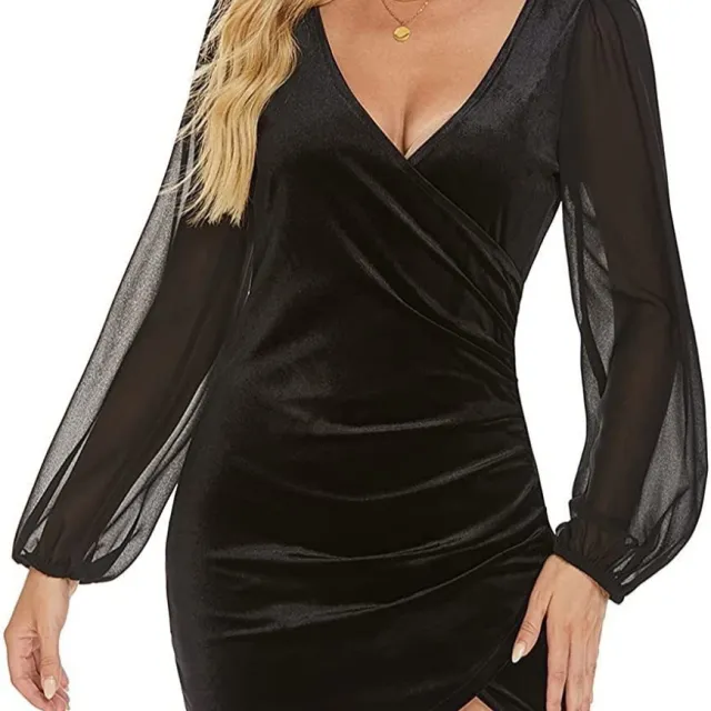Women's V neck Long sleeved Dress Fashionable Slim Fit Black - Shop at LoveMi