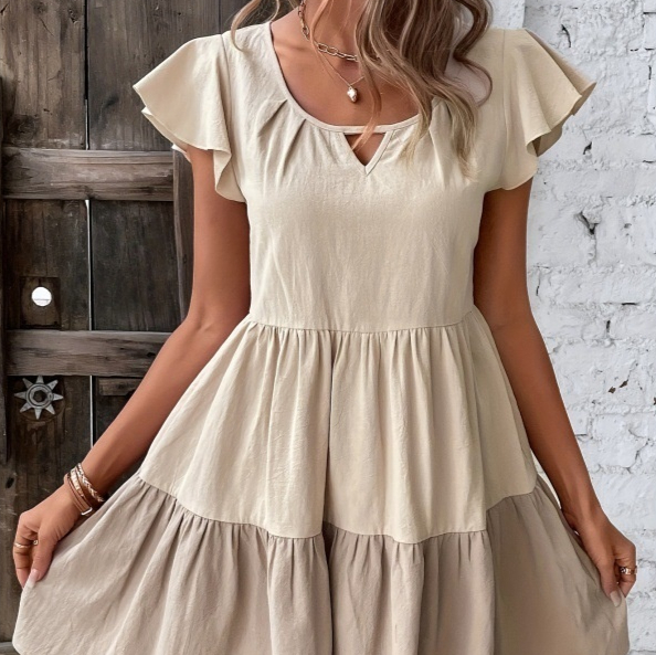 Women's V neck Short sleeve Loose Patchwork Casual Dress Khaki - Shop at LoveMi