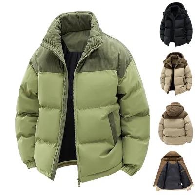 Thick Corduroy Patchwork Jacket Winter Zip-up Stand Collar Coat Casual Commuter Long-sleeved Cardigan Top Outwear Women's Clothing