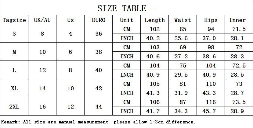 Size chart for Women's High Waist Straight Pants