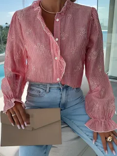 Striped Ruffled V-neck Blouse Women's Loose Top - Red - View 1