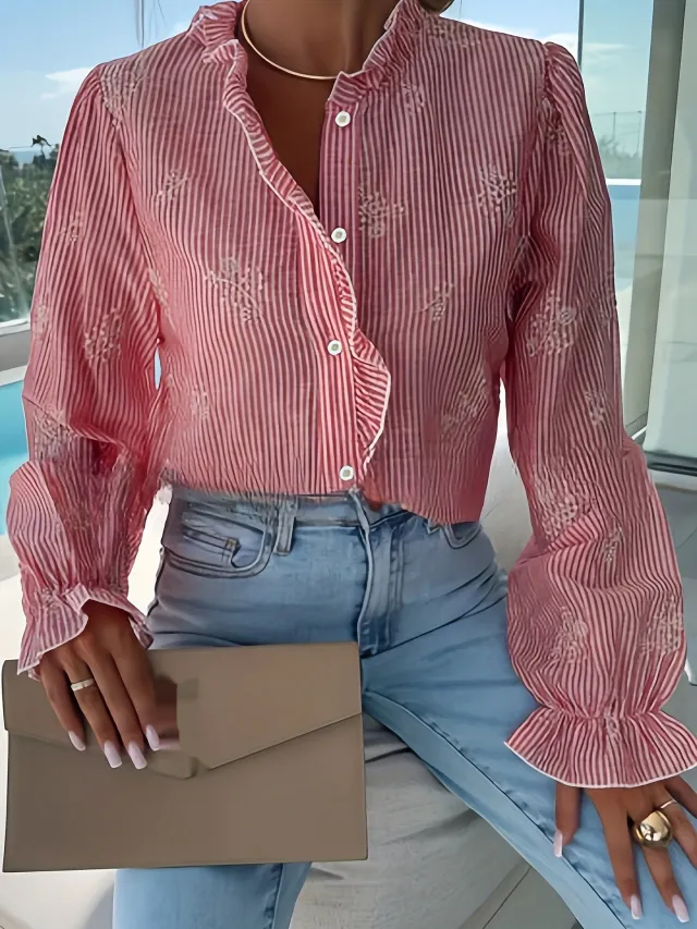 Striped Ruffled V neck Blouse Women's Loose Top Red - Shop at LoveMi