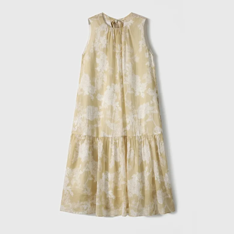 Paper-cut Printed Sleeveless Dress New Style - Yellow And White