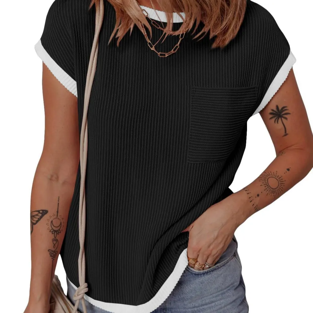 Women's Rib-knit T-shirt Casual Outerwear Top - Black