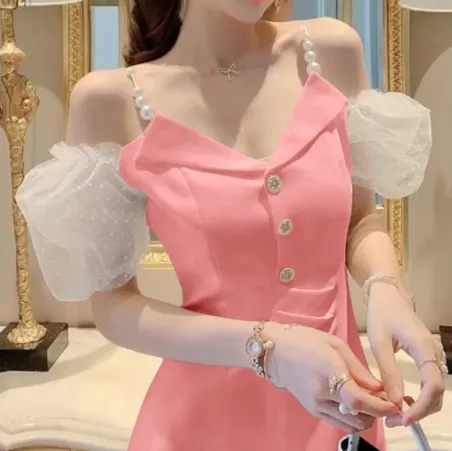 Light Luxury Off-shoulder Design V-neck Camisole Dress - Pink