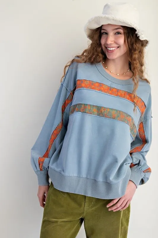 Women's Printed Patchwork Round Neck Pullover Sweatshirt Casual Top - Blue