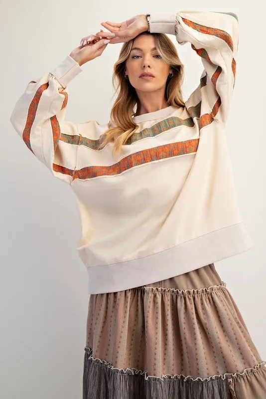 Women's Printed Patchwork Round Neck Pullover Sweatshirt Casual Top Milky White - Shop at LoveMi