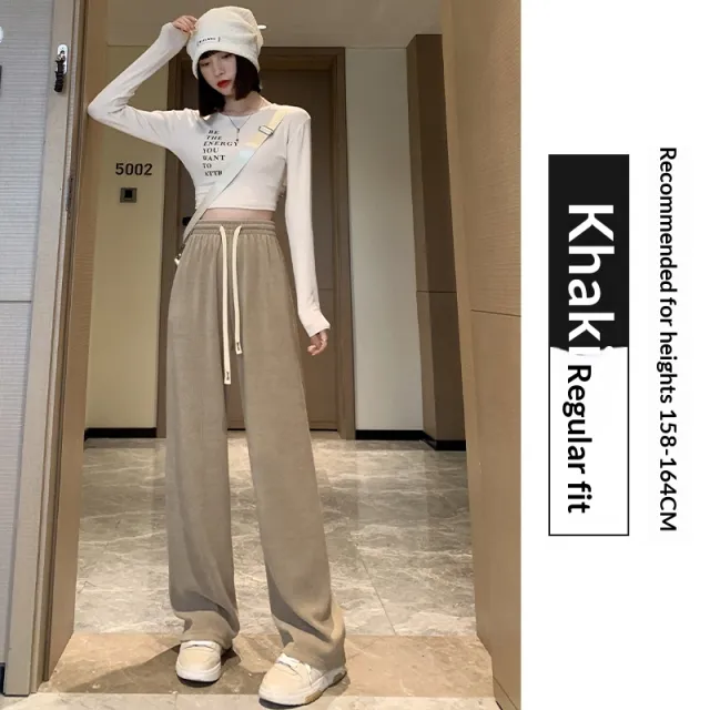 High waisted Straight leg Drapey Knit Lounge Pants Khaki Regular - Shop at LoveMi