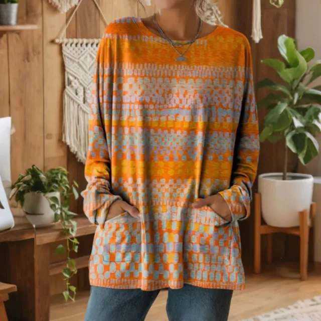 Orange Blue Geometric Pattern Loose Long Sleeve Top Yellow - Shop at LoveMi