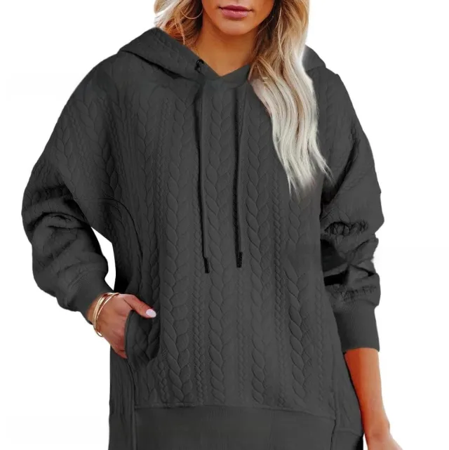 Women's Solid Color Casual Hoodie With Cable Knit Texture Dark Gray - Shop at LoveMi