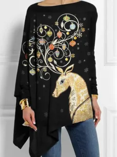 Christmas Reindeer Print Long Sleeve Women's Top - Black - View 1
