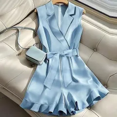 Women's Belted Vest Straight-leg Pants Fashion Set - Blue - View 1