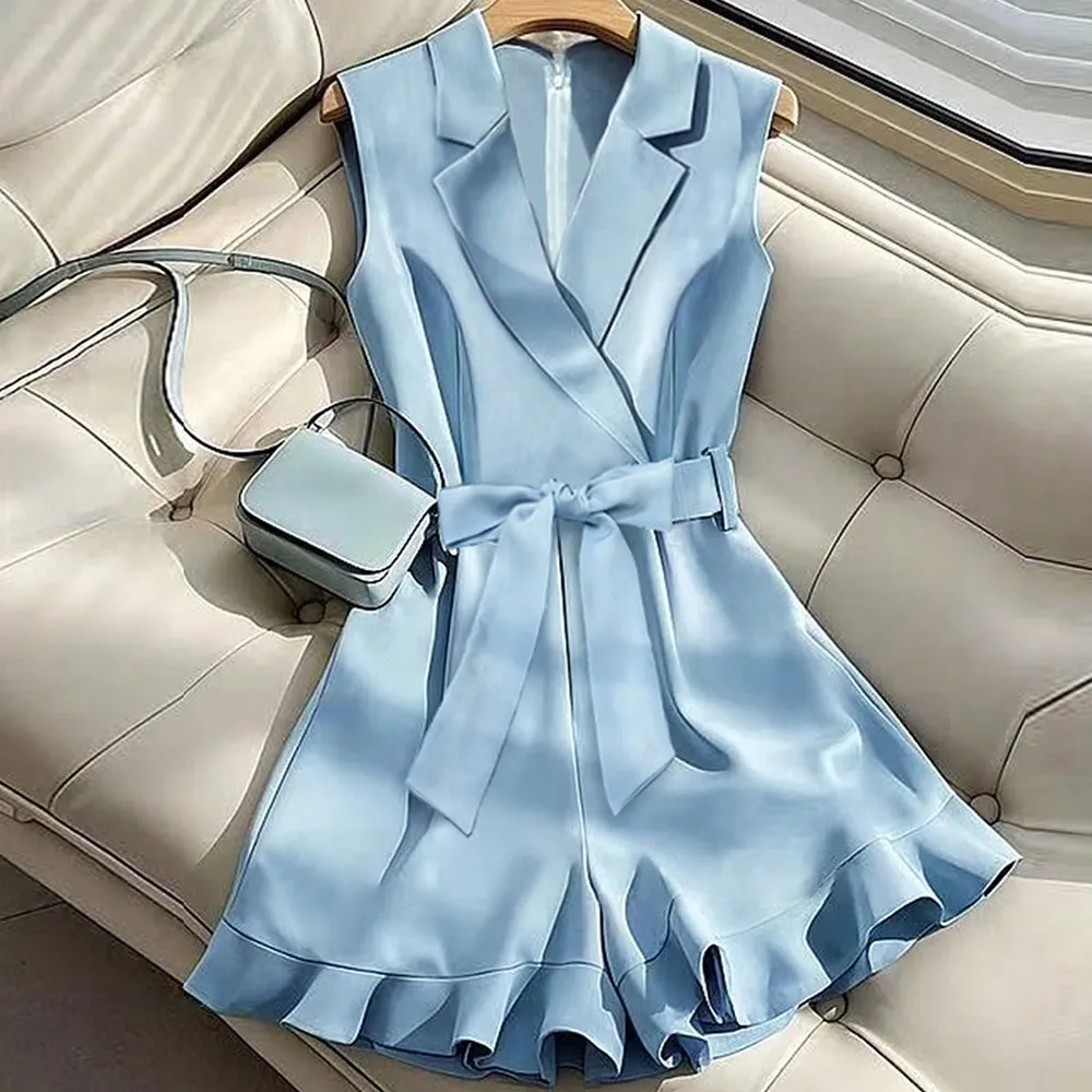 Women's Belted Vest Straight-leg Pants Fashion Set - Blue