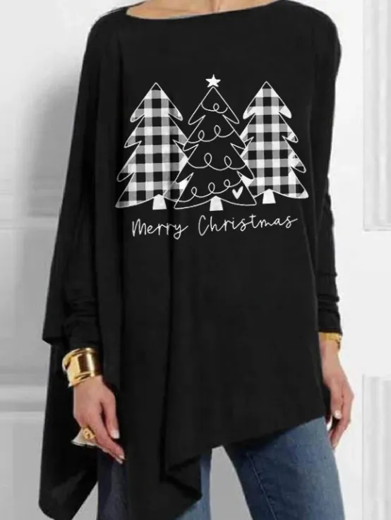 Merry Christmas Print Mid Length Irregular Tops Black - Shop at LoveMi