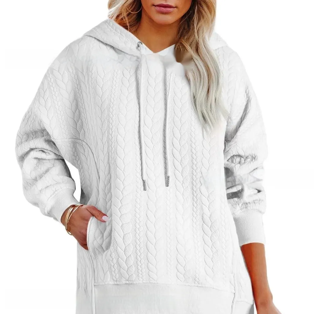 Women's Solid Color Casual Hoodie With Cable Knit Texture - White