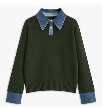 Cowboy Patchwork Fake Two piece Sweater Women's European Station Green - Shop at LoveMi