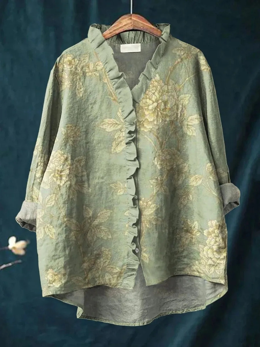Floral Lace Collar Comfortable Casual Linen Round Neck Short Sleeve - Floral