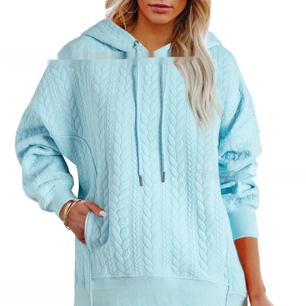 Women's Solid Color Casual Hoodie With Cable Knit Texture - Light Blue