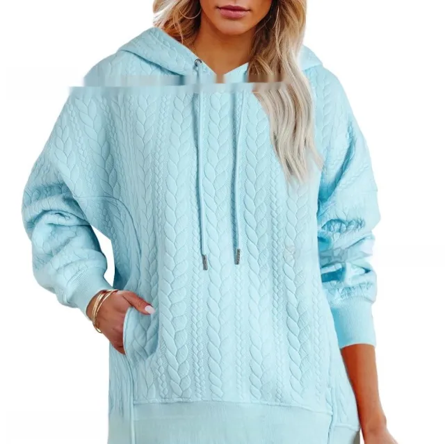 Women's Solid Color Casual Hoodie With Cable Knit Texture Light Blue - Shop at LoveMi