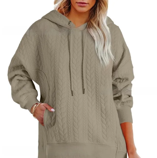 Women's Solid Color Casual Hoodie With Cable Knit Texture Khaki - Shop at LoveMi