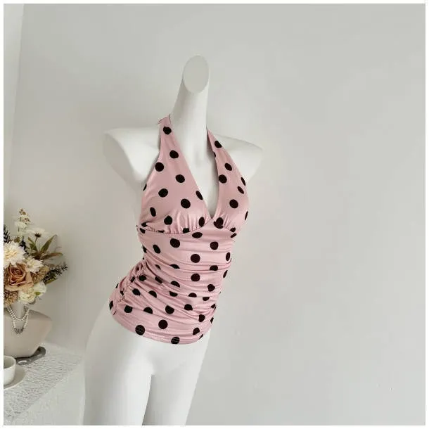 Sexy French Temperament Polka Dot V neck Halter Tank Top Pink - Shop at LoveMi