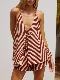 Elegant High-waist Printed Casual Fashion Set - Dark Brown - View 1