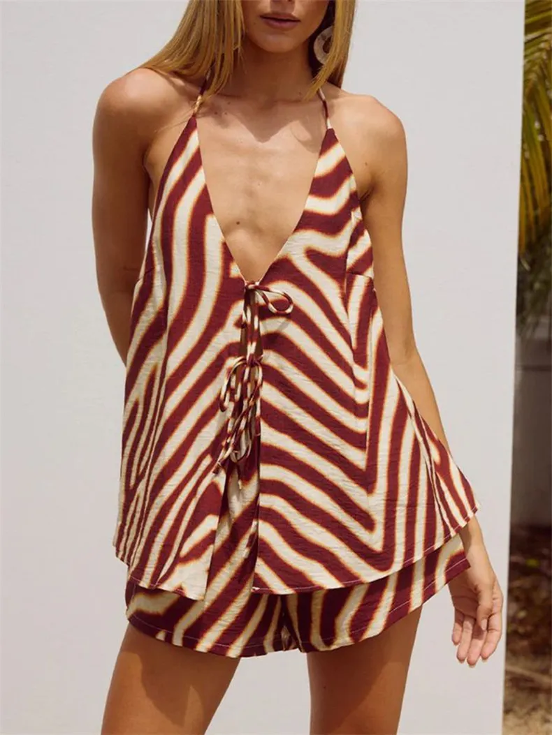 Elegant High-waist Printed Casual Fashion Set - Dark Brown