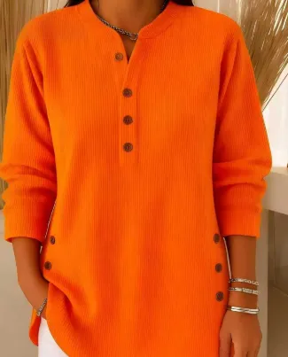 Solid Color Loose Casual V neck Button Long sleeved Women Blouse T shirt Orange - Shop at LoveMi