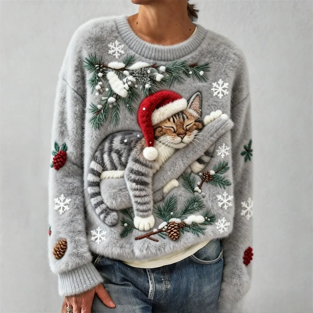 3D Digital Printed Flannel Christmas Women's Round Neck Sweatshirt - Flryl09-2Xl