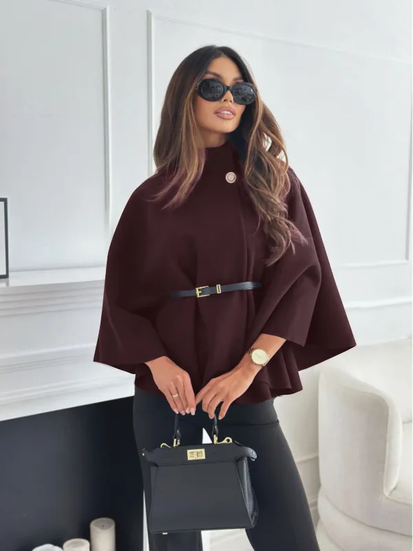 New Stand Collar Batwing Sleeves Cloak Top With Belt Ins Fashion Temperament Jacket Woolen Sweater Outwear For Women Clothing Red Coffee - Shop at LoveMi