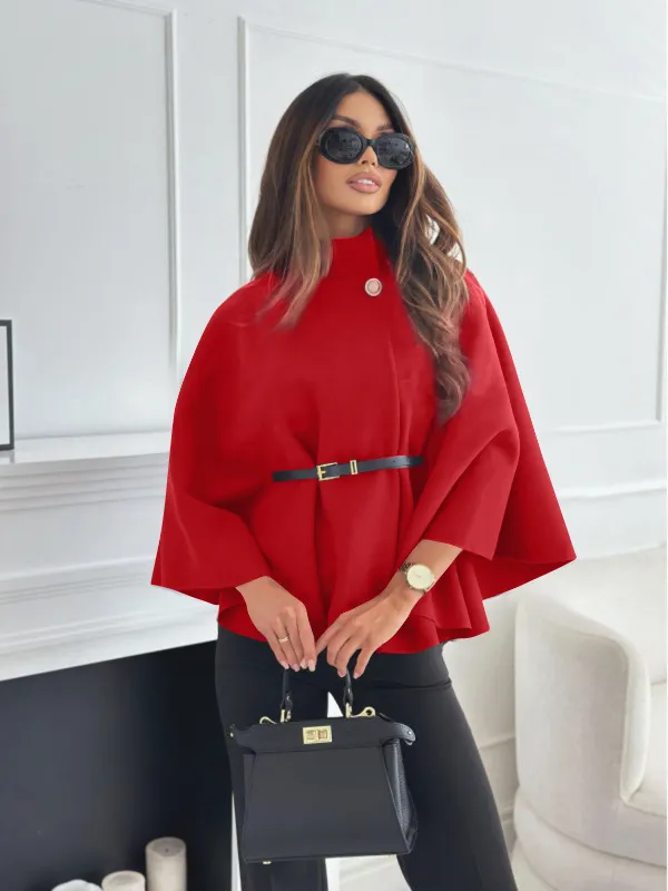 New Stand Collar Batwing Sleeves Cloak Top With Belt Ins Fashion Temperament Jacket Woolen Sweater Outwear For Women Clothing - Red
