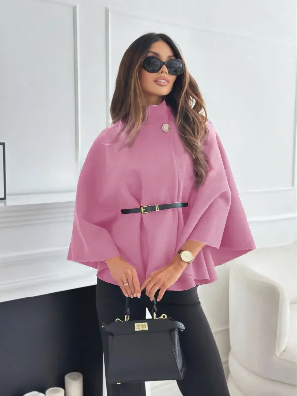 New Stand Collar Batwing Sleeves Cloak Top With Belt Ins Fashion Temperament Jacket Woolen Sweater Outwear For Women Clothing Pink pink/magenta - Shop at LoveMi