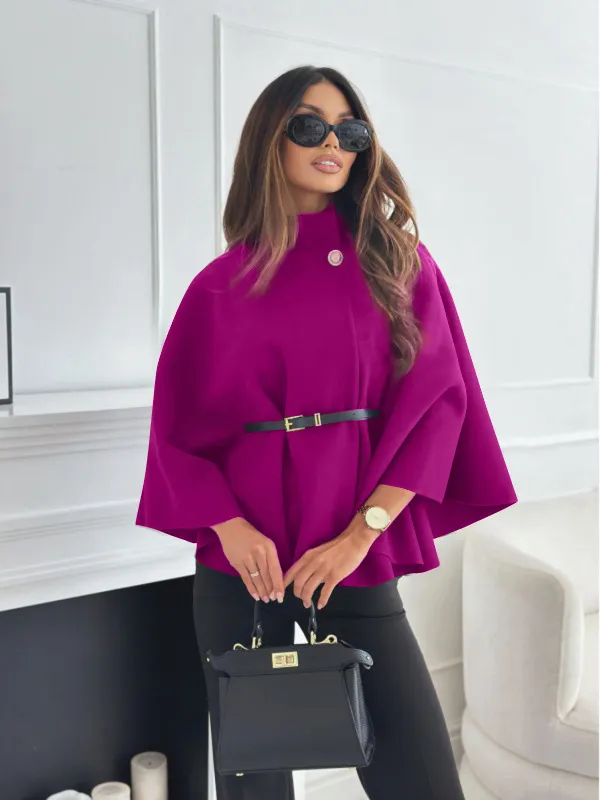 New Stand Collar Batwing Sleeves Cloak Top With Belt Ins Fashion Temperament Jacket Woolen Sweater Outwear For Women Clothing Rose Red - Shop at LoveMi