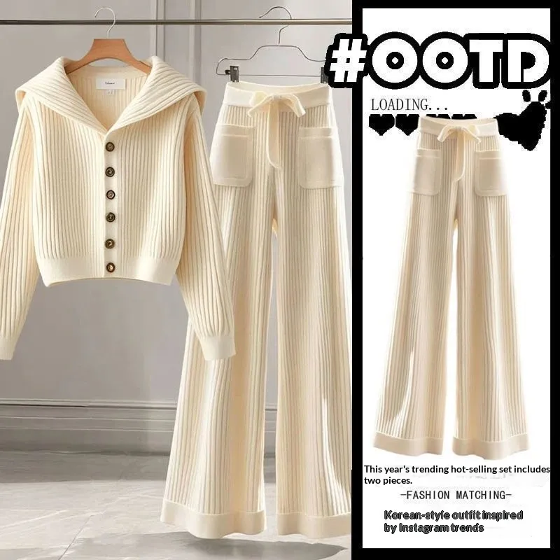Women's Elegant, Soft And Versatile Knitted Top With Casual Straight-leg Pants - Suit