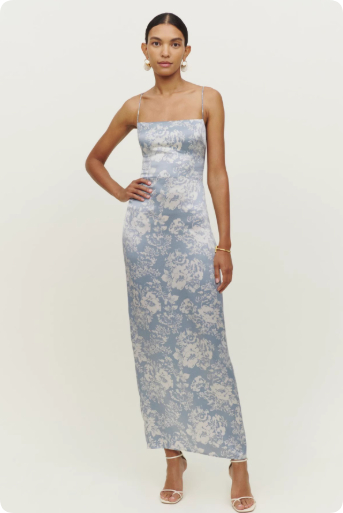 Silk Sandwashed Satin, Floral Dress For Vacation Gray Blue - Shop at LoveMi