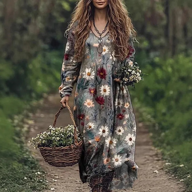 New Long Sleeve Dress Floral Bohemian Maxi Skirt Print - Floral