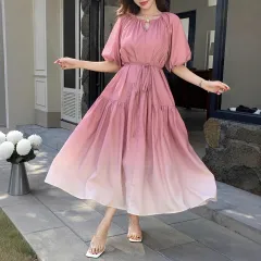 Bubble Sleeve Women's Mid-Length Waist-Cinching Elegant Dress - Pink - View 1