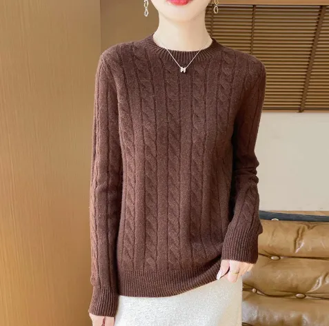 Twist Round Neck Thickened Woolen Pullover Base Sweater Coffee - Shop at LoveMi