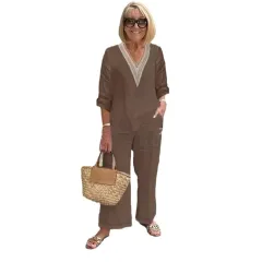 Solid Color Long Sleeve Plus Size Loose Suit Elegant Commute Two-piece Set For Women - Brown - View 1