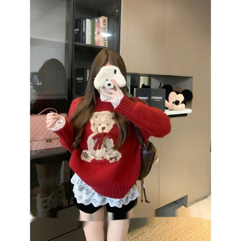 Long Sleeve Knitted Sweater Loose Top For Women - Red