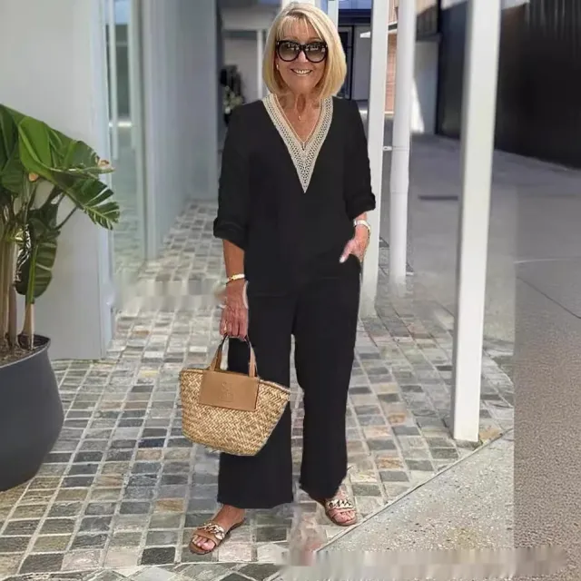 Solid Color Long Sleeve Plus Size Loose Suit Elegant Commute Two piece Set For Women Black - Shop at LoveMi