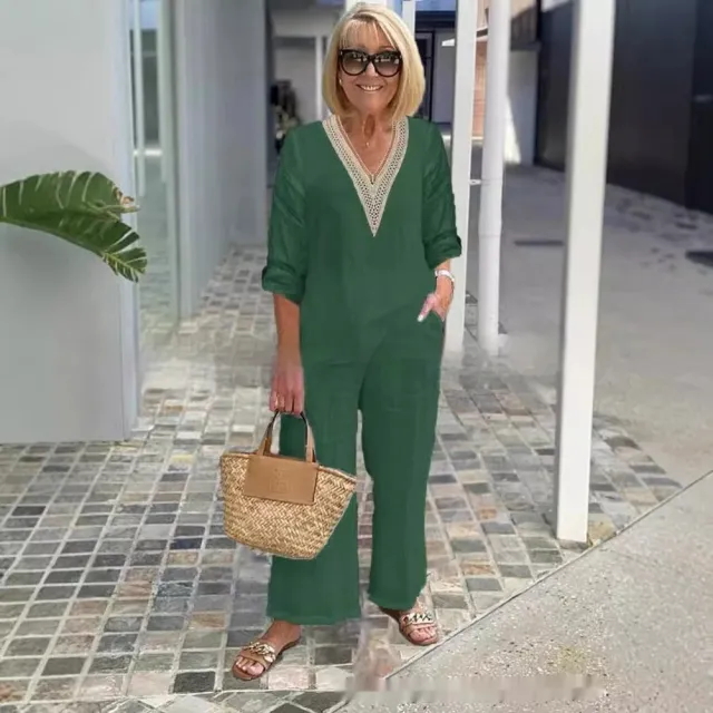 Solid Color Long Sleeve Plus Size Loose Suit Elegant Commute Two piece Set For Women Green - Shop at LoveMi