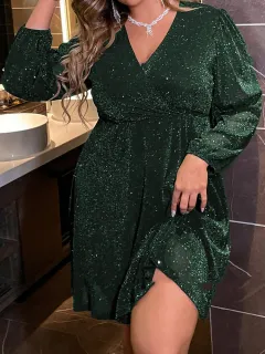 Autumn And Winter Long Sleeve Sexy V-neck Party Evening Dress - Green - View 1