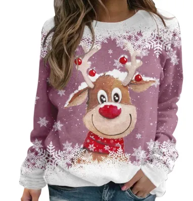New Women's Long Sleeve Digital 3D Printing Cartoon Elk Round Neck Loose Sweatshirt - Zjh1688Yl172-2Xl